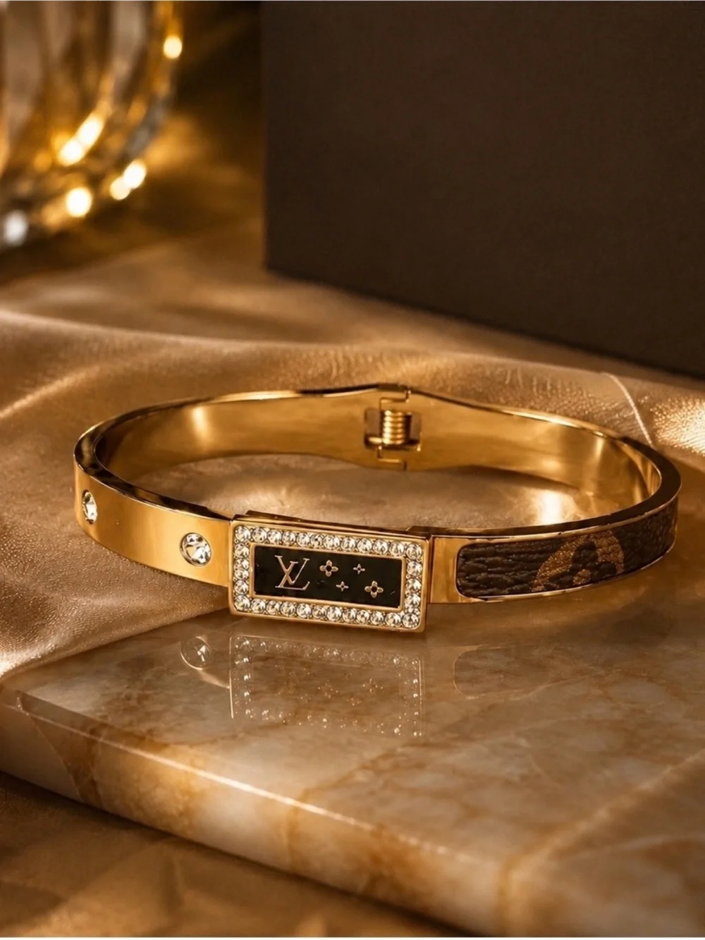 Gold and Brown Monogram Crystal-Trim Bangle Bracelet